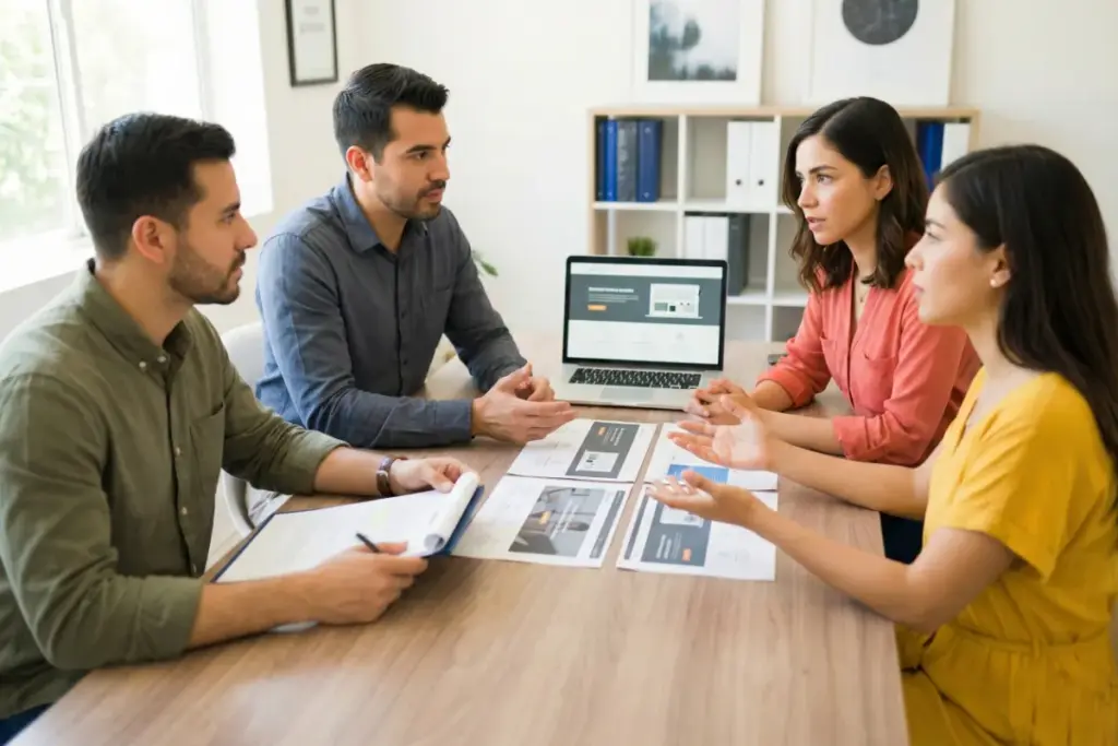A man and a woman from a web agency meeting with a client man and woman in an office, reviewing website materials together and discussing feedback during a professional website build.