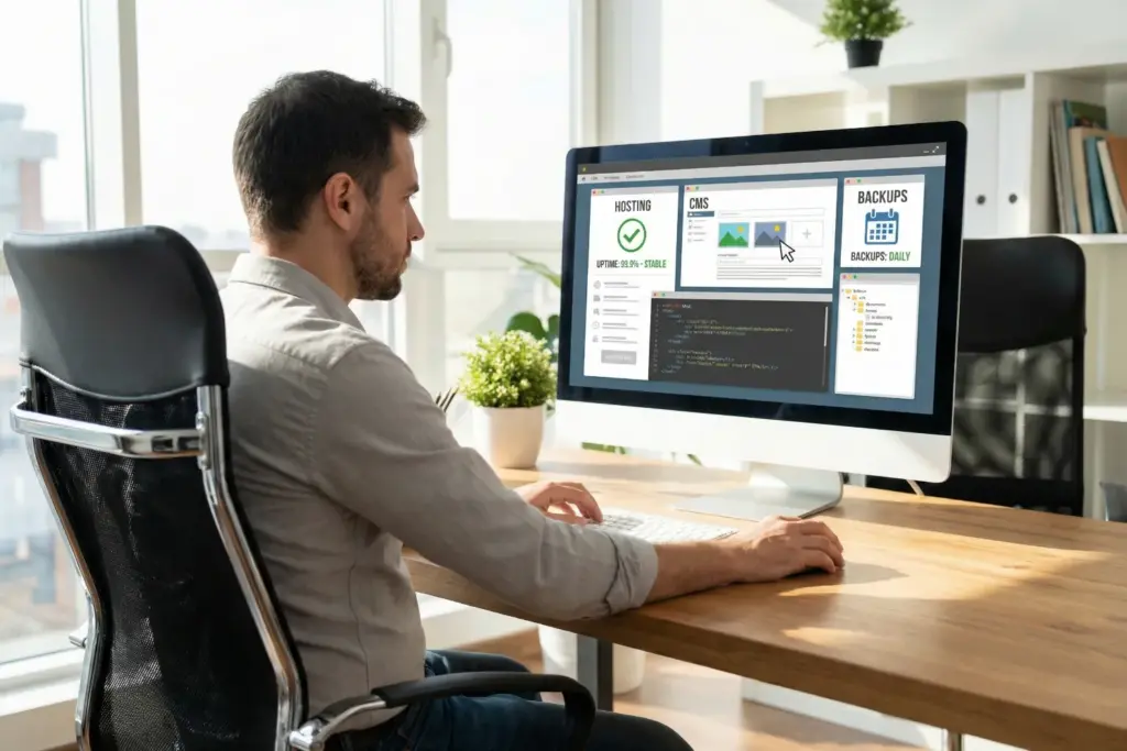 A man sits at a sleek desk in a modern office, focusing on his computer screen that displays an organized website management dashboard. The office is bright and minimalist, with soft natural light coming through the window.