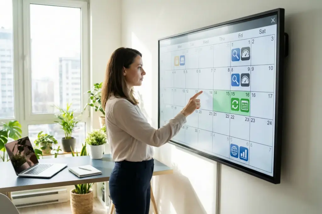 A woman stands in a modern office next to a large digital calendar on the wall. She's reviewing her website’s maintenance schedule. The calendar displays weekly, monthly, quarterly, and annual tasks like speed checks, plugin updates, and security reviews.